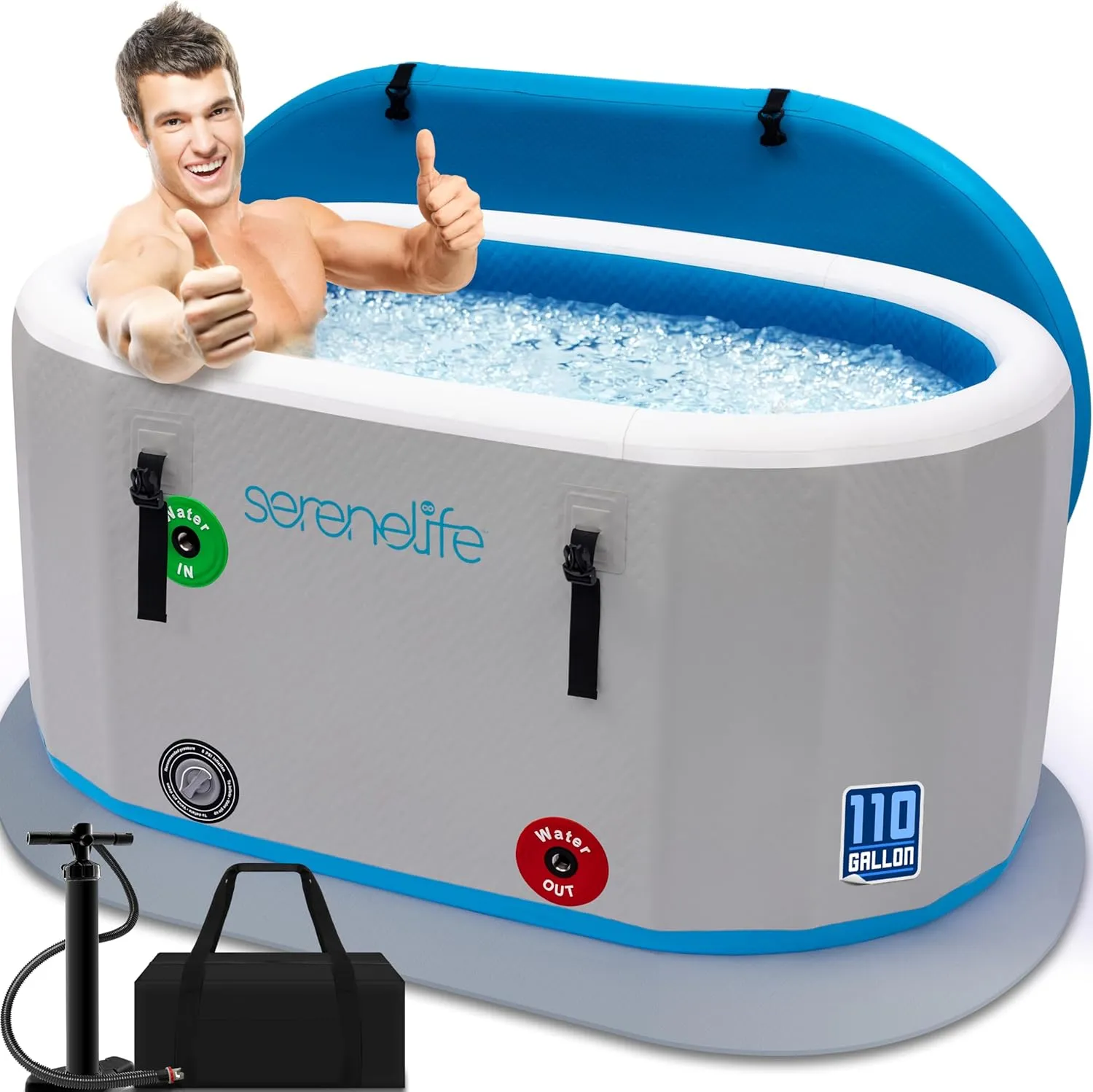SereneLife Inflatable Cold Plunge Tub Ice Bath, One Person Ice Bath Tub with Lid, Drop Stitch PVC, Double Layer Seals, Heavy Duty Cold Plunge Therapy Recovery Pod for Athletes