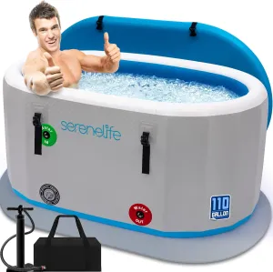SereneLife Inflatable Cold Plunge Tub Ice Bath, One Person Ice Bath Tub with Lid, Drop Stitch PVC, Double Layer Seals, Heavy Duty Cold Plunge Therapy Recovery Pod for Athletes
