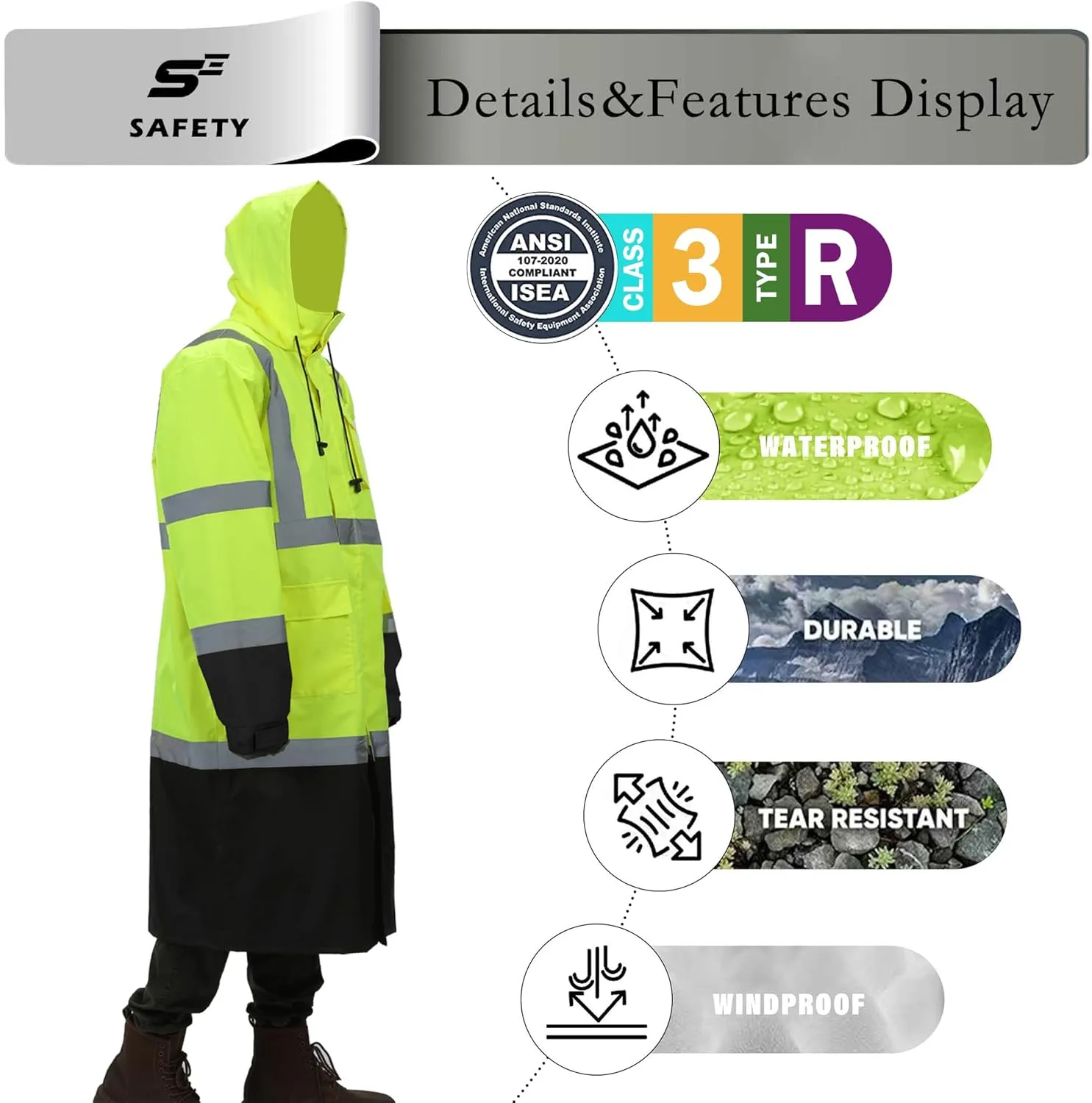 sesafety Safety Rain Coats for Men Work, Class 3 HighVisibility Rain Gear Construction, Reflective Hi Vis RainJacket Lightweight Waterproof