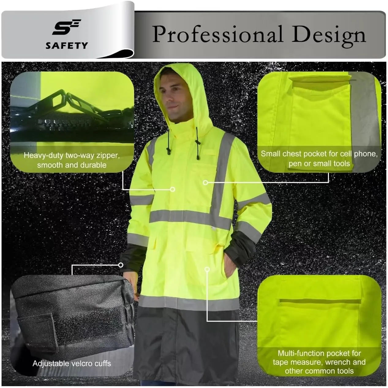 sesafety Safety Rain Coats for Men Work, Class 3 HighVisibility Rain Gear Construction, Reflective Hi Vis RainJacket Lightweight Waterproof