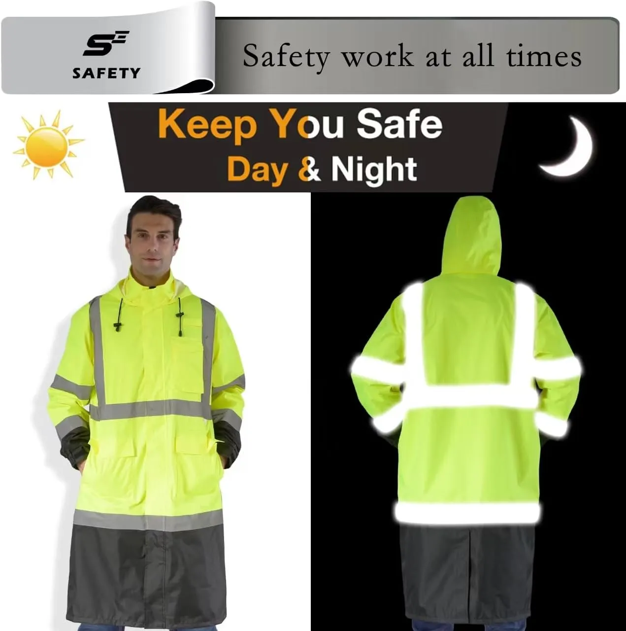 sesafety Safety Rain Coats for Men Work, Class 3 HighVisibility Rain Gear Construction, Reflective Hi Vis RainJacket Lightweight Waterproof