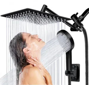 Shower Head, 8 inch Multifunction High Pressure Rain Shower Head with Handheld Spray Combo with 11'' Angle Adjustable Extension Arm/Flow Regulator/Shower System Matte Black