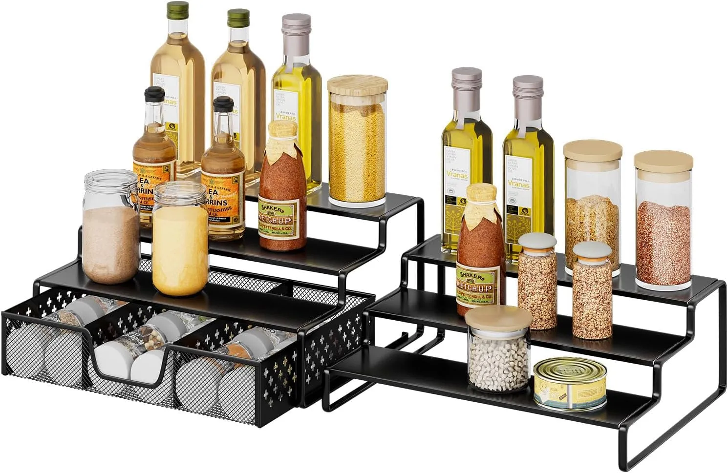 Simple Trending Spice Rack Organizer for Cabinet, 2 Pack 3 Tier Seasoning Organizer, Expandable Shelf, Step Storage Holder, Kitchen Cabinet Countertop, with Sliding Drawer, Metal, Black