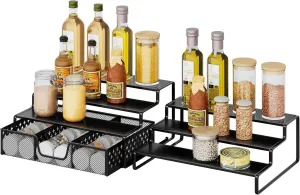 Simple Trending Spice Rack Organizer for Cabinet, 2 Pack 3 Tier Seasoning Organizer, Expandable Shelf, Step Storage Holder, Kitchen Cabinet Countertop, with Sliding Drawer, Metal, Black