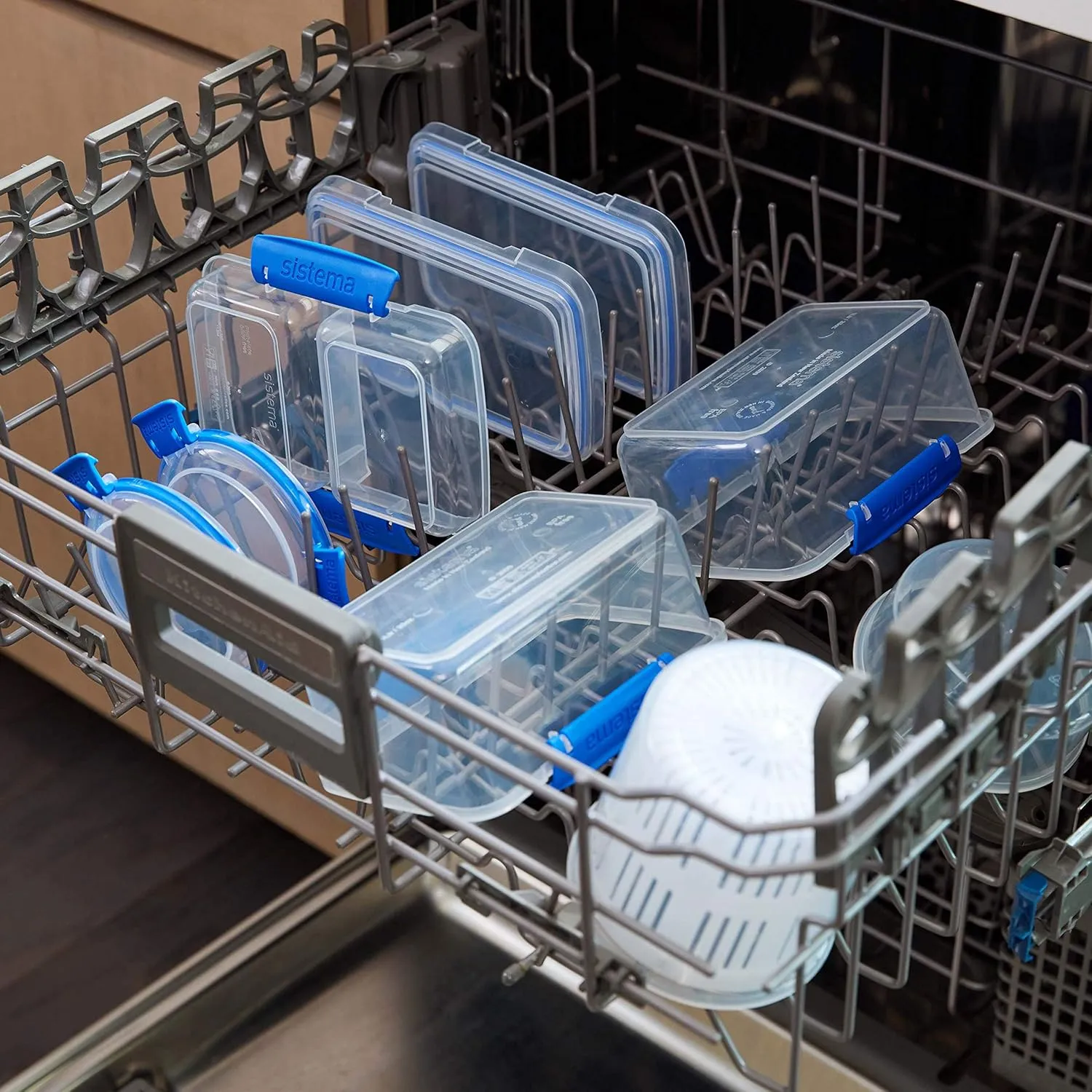 Sistema 3-Piece Food Storage Containers with 2 Compartments and Lids for Meal Prep, Dishwasher Safe, 11.8oz, Clear/Blue