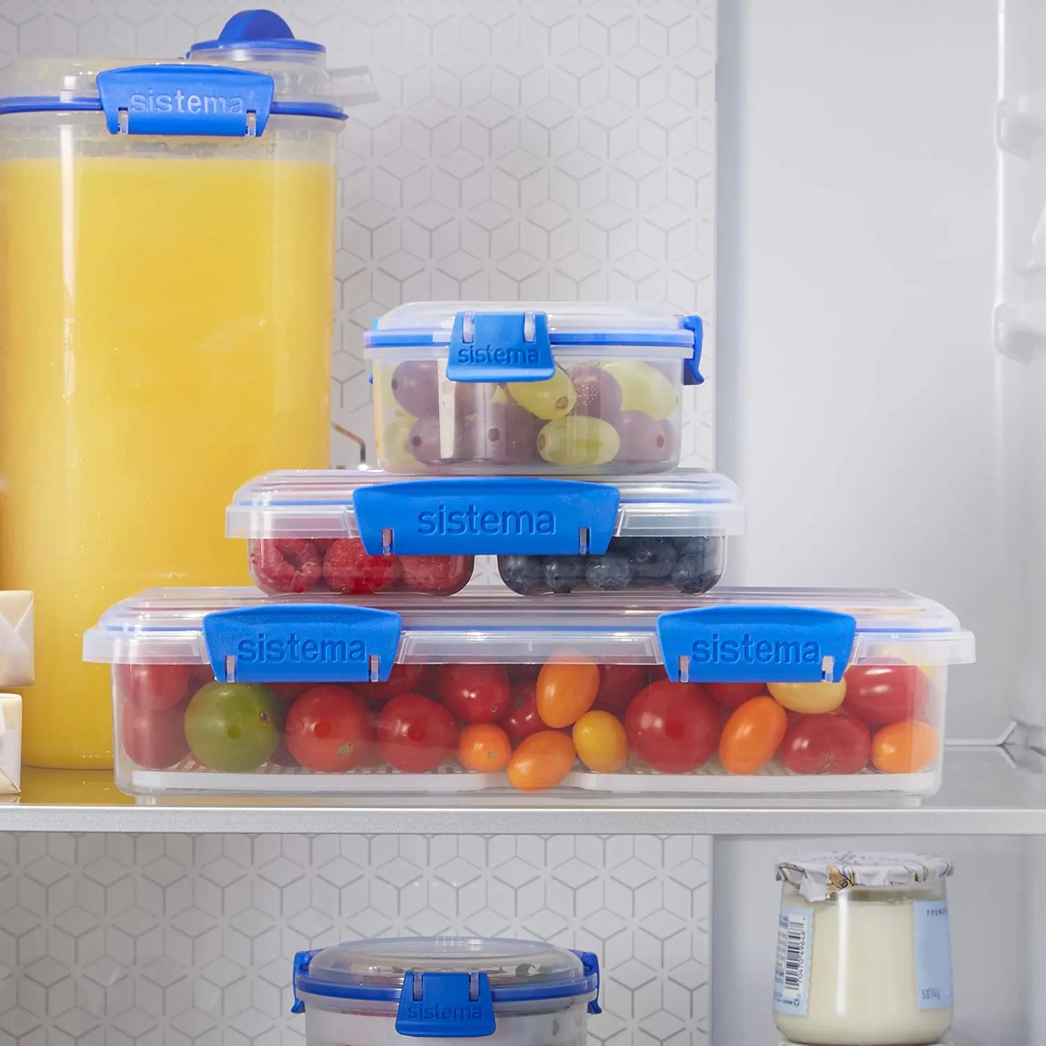 Sistema 3-Piece Food Storage Containers with 2 Compartments and Lids for Meal Prep, Dishwasher Safe, 11.8oz, Clear/Blue