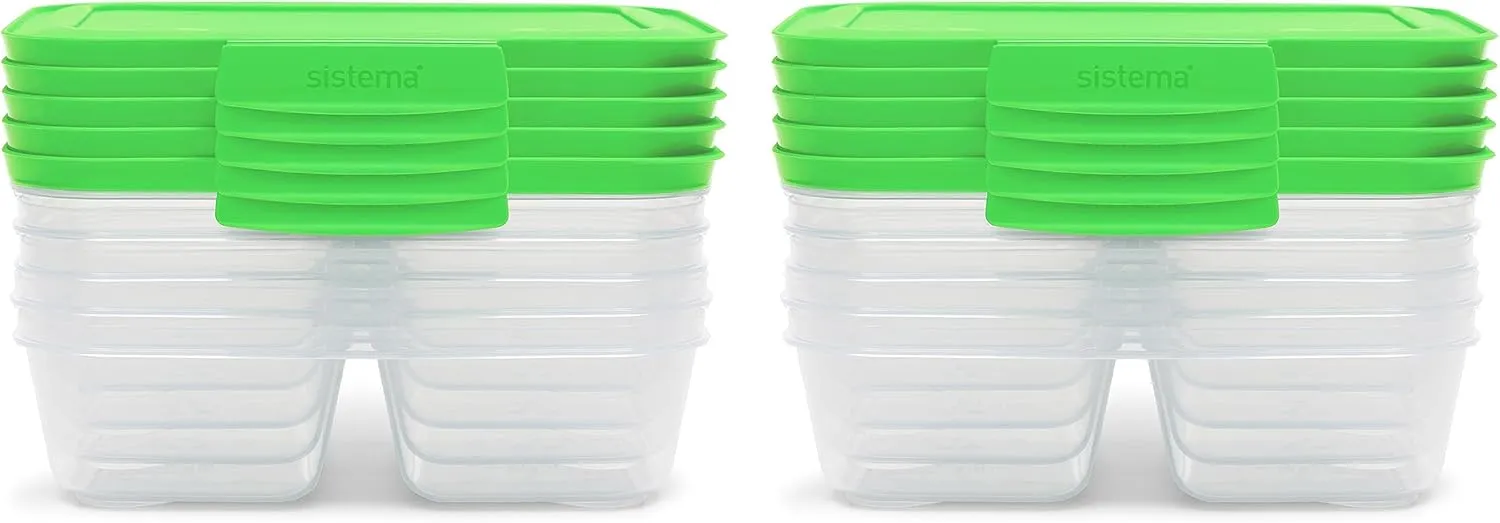 Sistema Nest It Meal Prep Food Storage Containers with Lids, 2 Compartments, 3.7 Cups, Plastic, 10-Pack, Green