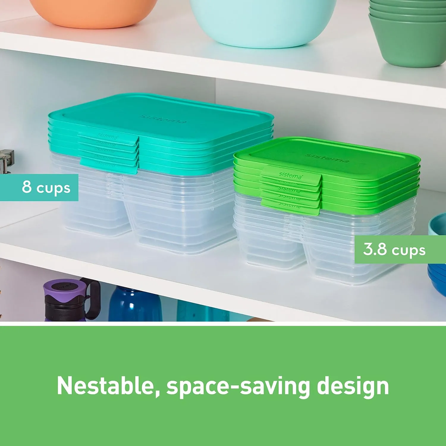 Sistema Nest It Meal Prep Food Storage Containers with Lids, 2 Compartments, 3.7 Cups, Plastic, 10-Pack, Green