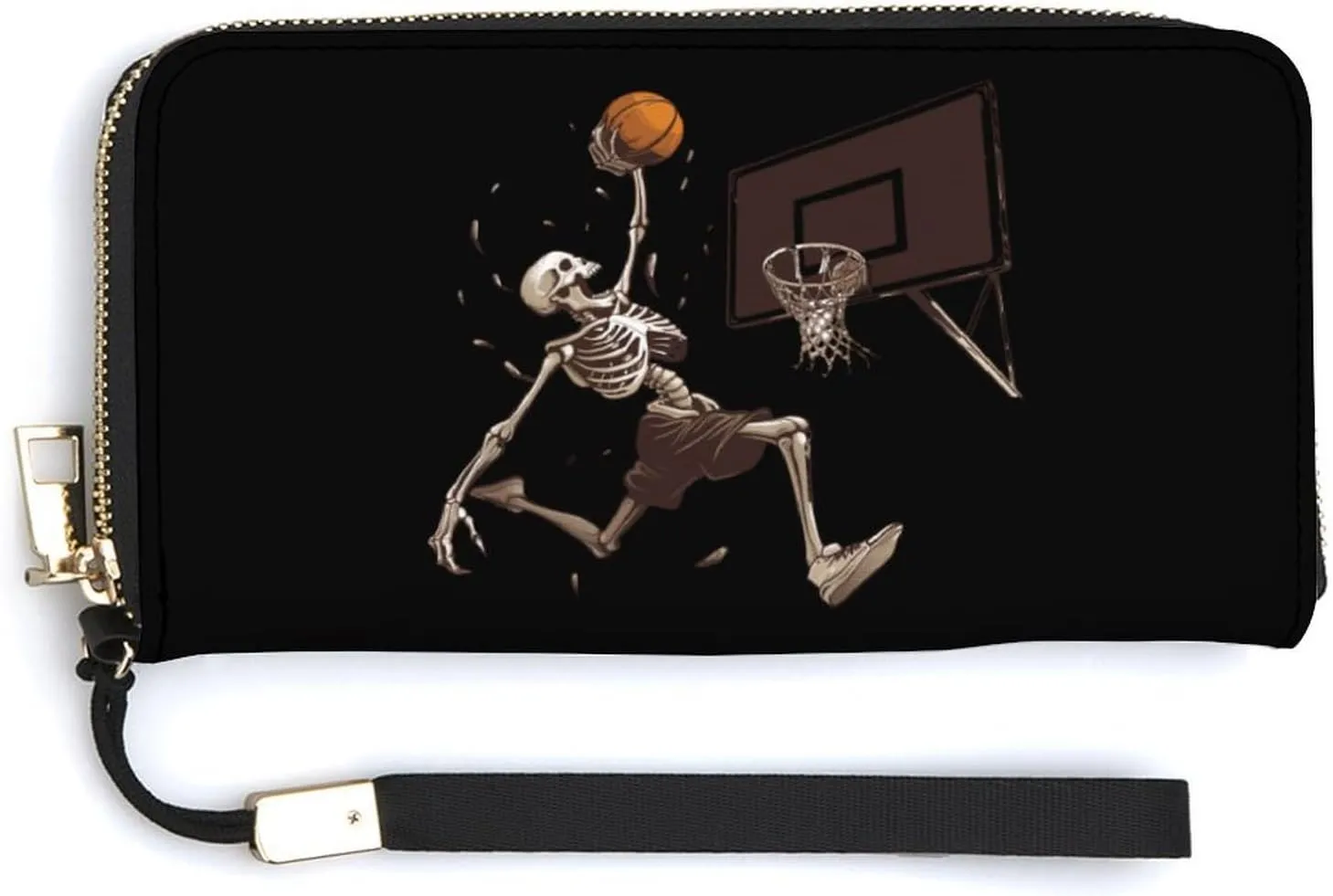 Skeleton Basketball Slam Dunk Leather Wallet Long Purse Pouch Card Holder Organizer with Strap for Men Women