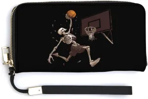 Skeleton Basketball Slam Dunk Leather Wallet Long Purse Pouch Card Holder Organizer with Strap for Men Women