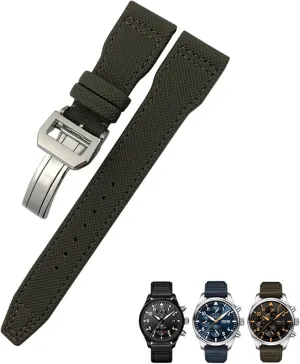 SKM 20mm 21mm 22mm Nylon Calfskin Watchband Fit for IWC Big Pilot IW377714 Mark18 Spitfire Nylon Real Leather Strap (Color : Green line 1, Size : 21mm Silver Clasp)