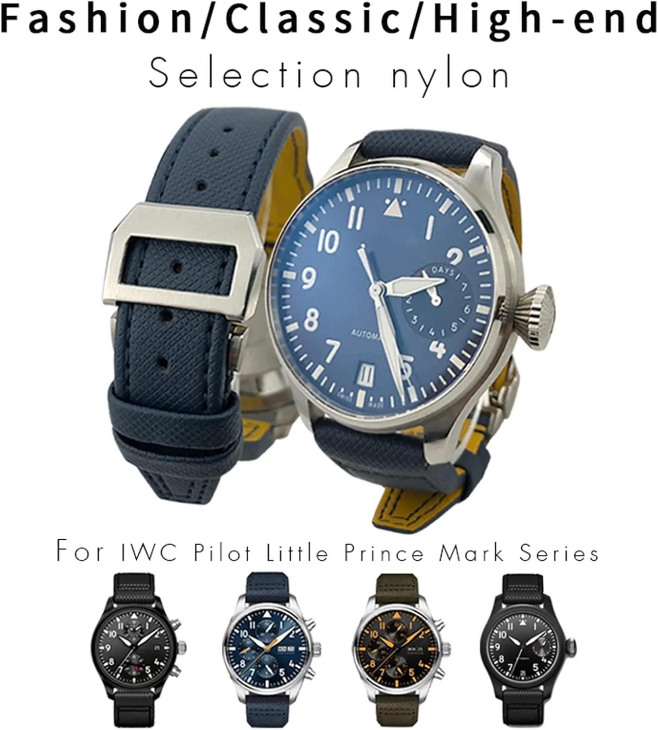 SKM 20mm 21mm 22mm Nylon Calfskin Watchband Fit for IWC Big Pilot IW377714 Mark18 Spitfire Nylon Real Leather Strap (Color : Green line 1, Size : 21mm Silver Clasp)