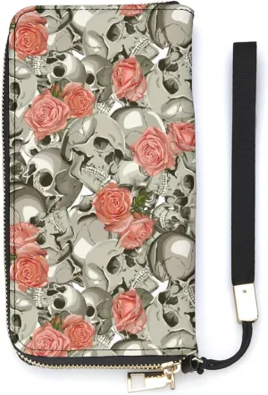 Skull With Roses Pattern Women's Leather Long Large Capacity Wallet Clutch Wallet with Hand Strap, 20x10.5cm, style-15-5