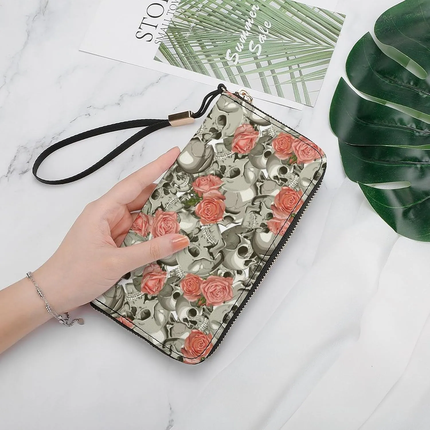 Skull With Roses Pattern Women's Leather Long Large Capacity Wallet Clutch Wallet with Hand Strap, 20x10.5cm, style-15-5