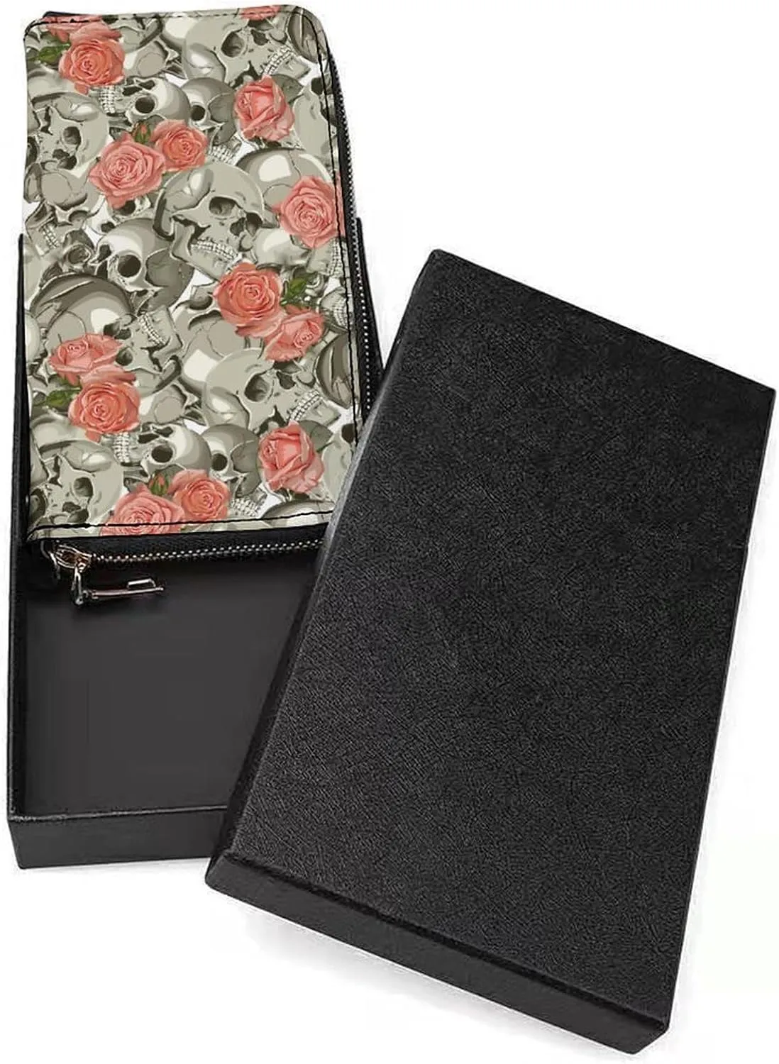 Skull With Roses Pattern Women's Leather Long Large Capacity Wallet Clutch Wallet with Hand Strap, 20x10.5cm, style-15-5