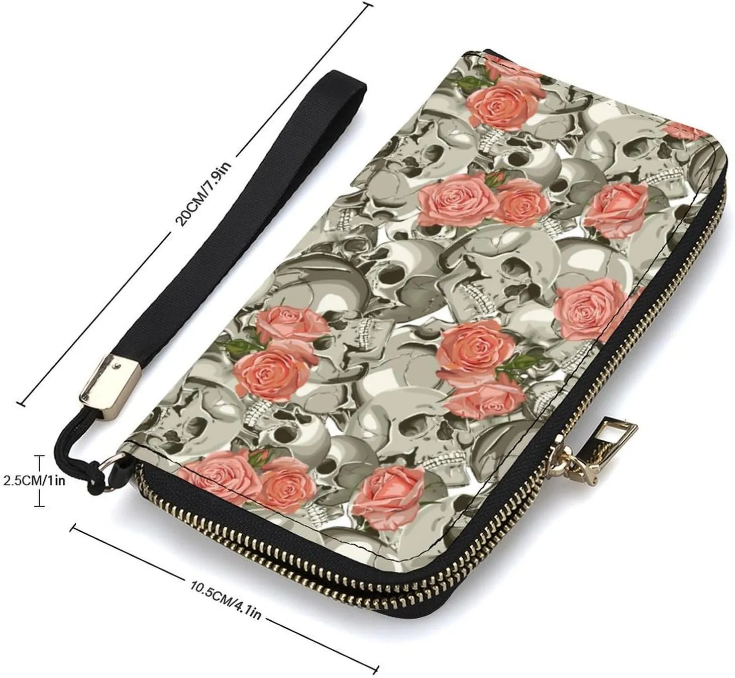 Skull With Roses Pattern Women's Leather Long Large Capacity Wallet Clutch Wallet with Hand Strap, 20x10.5cm, style-15-5