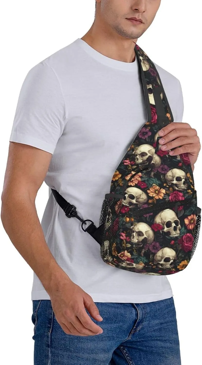 Skulls And Flowers Sling Backpack Hiking Backpack Crossbody Bag Sports Lightweight And Durable Chest Bag Shoulder Bag For Women Men