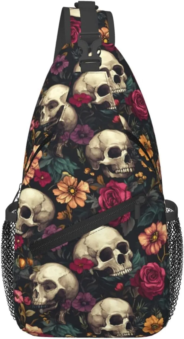 Skulls And Flowers Sling Backpack Hiking Backpack Crossbody Bag Sports Lightweight And Durable Chest Bag Shoulder Bag For Women Men