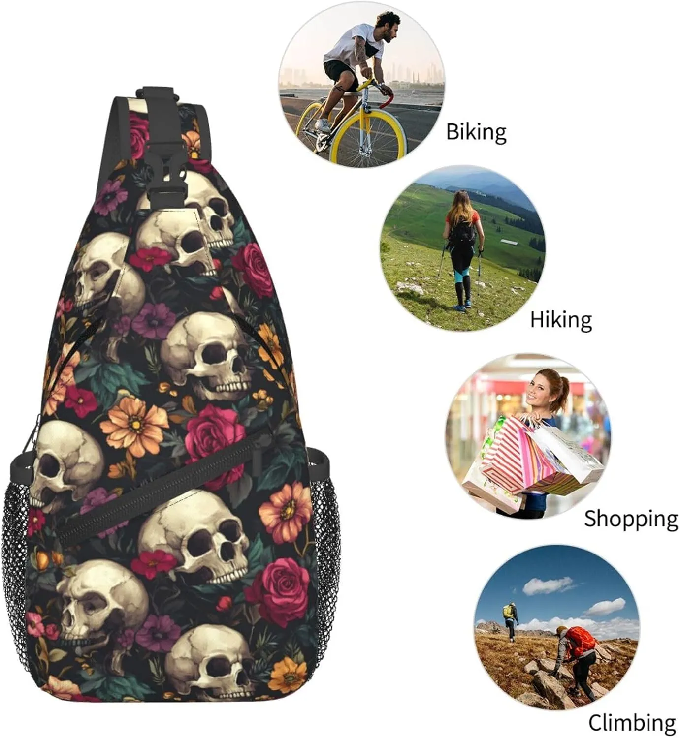 Skulls And Flowers Sling Backpack Hiking Backpack Crossbody Bag Sports Lightweight And Durable Chest Bag Shoulder Bag For Women Men
