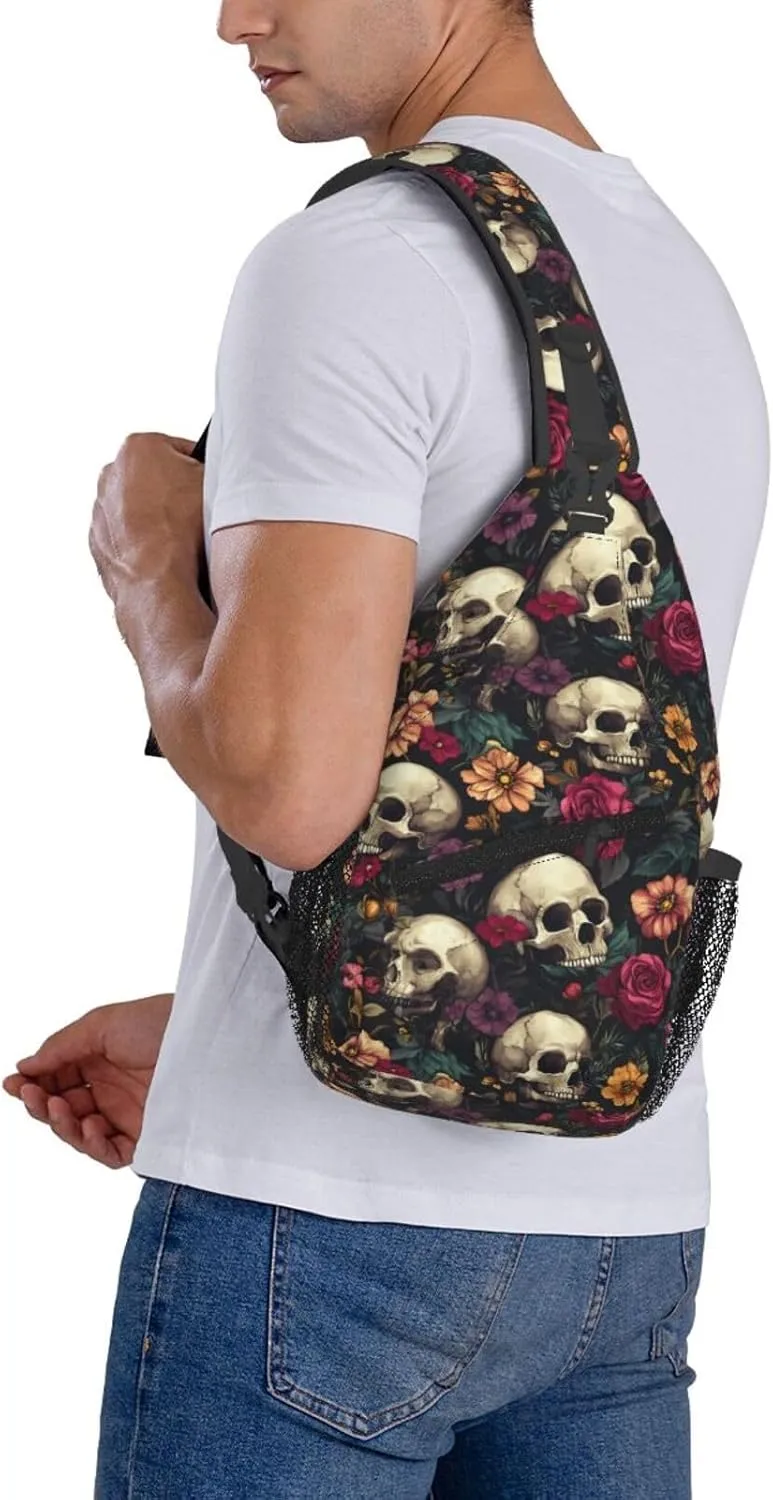Skulls And Flowers Sling Backpack Hiking Backpack Crossbody Bag Sports Lightweight And Durable Chest Bag Shoulder Bag For Women Men