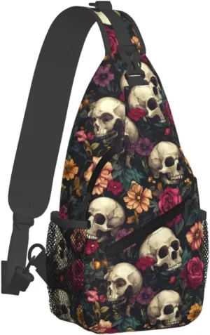 Skulls And Flowers Sling Backpack Hiking Backpack Crossbody Bag Sports Lightweight And Durable Chest Bag Shoulder Bag For Women Men