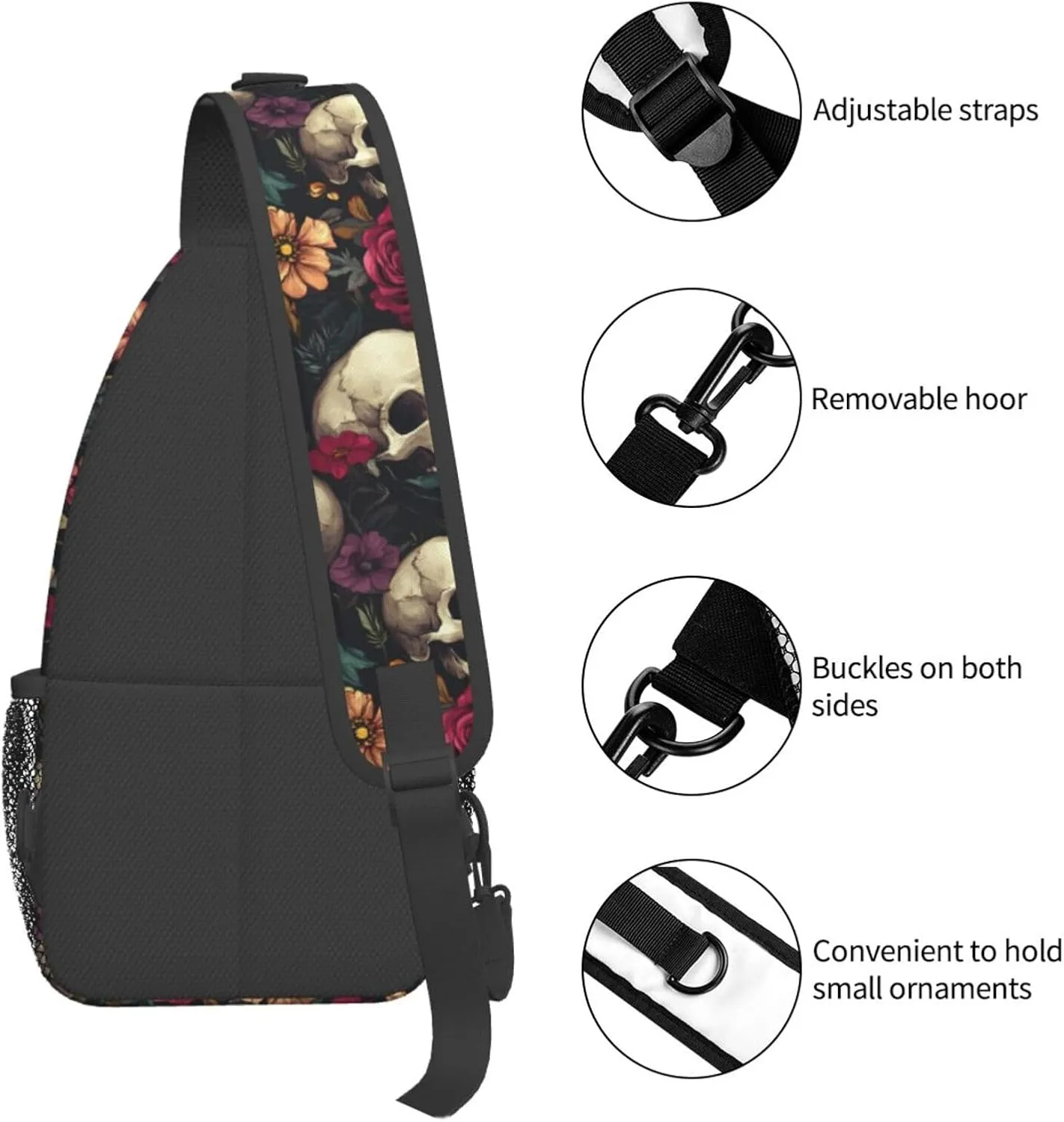 Skulls And Flowers Sling Backpack Hiking Backpack Crossbody Bag Sports Lightweight And Durable Chest Bag Shoulder Bag For Women Men