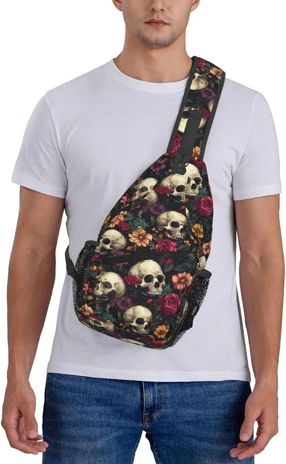 Skulls And Flowers Sling Backpack Hiking Backpack Crossbody Bag Sports Lightweight And Durable Chest Bag Shoulder Bag For Women Men