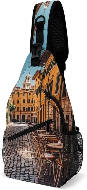 Sling Bag for Women Men Chest Bag Old Courtyard Cafe Chair City, Rome, Italy Crossbody Bag Small Sling Backpack Daypack Fanny Packs