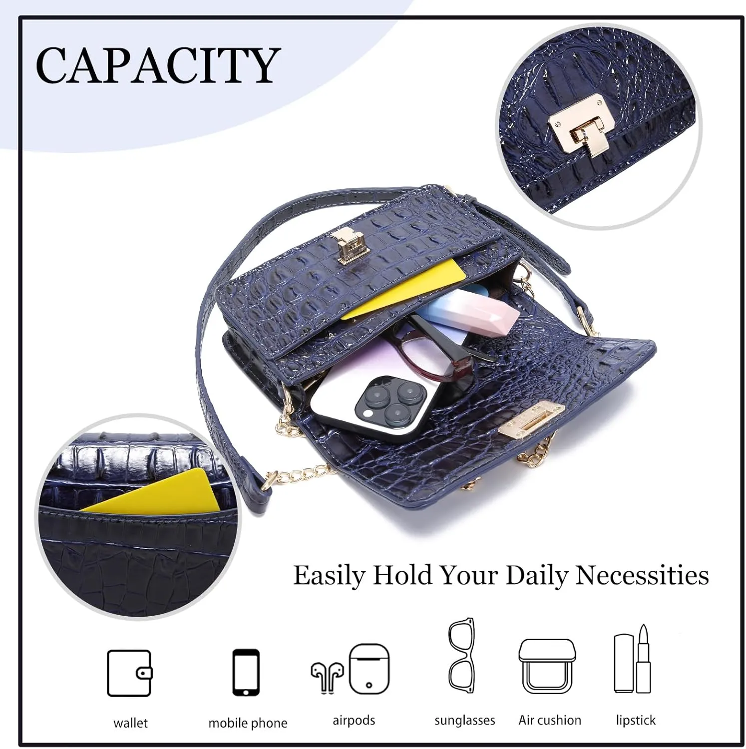 Small Crocodile Crossbody Cell Phone Purse for women Vegan Leather Clutch Wallet with Leather Shoulder Strap