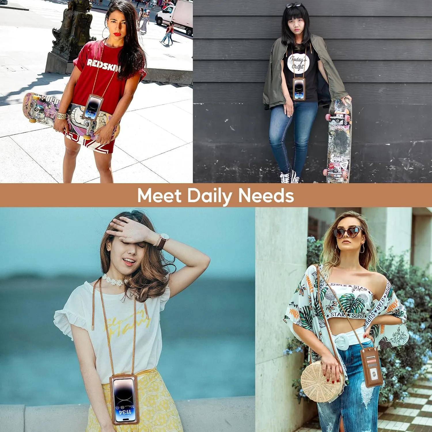 Small Crossbody Bag Cell Phone Purse for Women Men Leather Mini Shoulder Bag Wallet Case with Card Holder Slot Necklace Lanyard for All Smartphones iPhone Samsung Google Moto up to 7.3" Brown