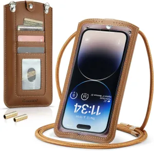 Small Crossbody Bag Cell Phone Purse for Women Men Leather Mini Shoulder Bag Wallet Case with Card Holder Slot Necklace Lanyard for All Smartphones iPhone Samsung Google Moto up to 7.3" Brown