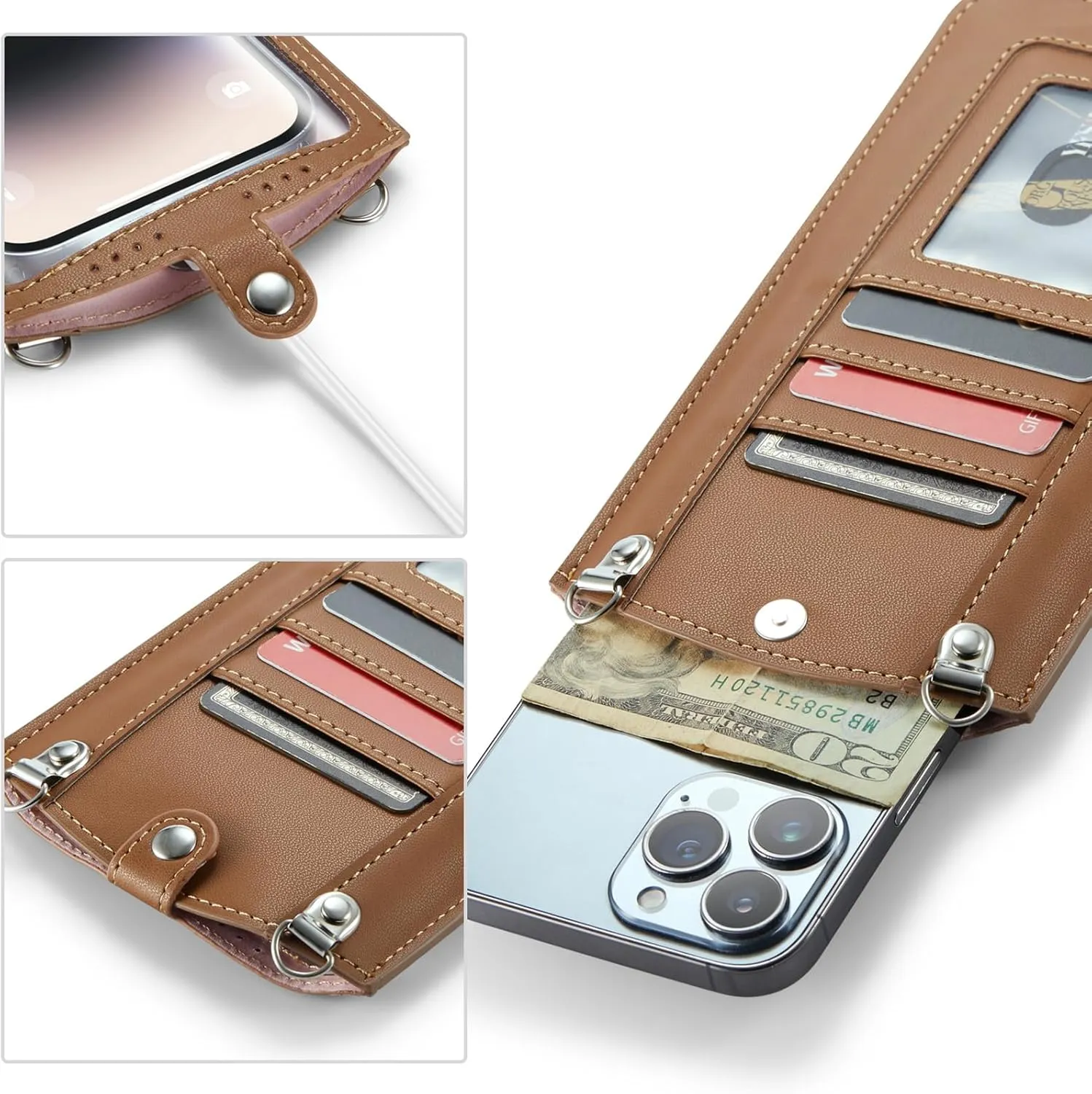 Small Crossbody Bag Cell Phone Purse for Women Men Leather Mini Shoulder Bag Wallet Case with Card Holder Slot Necklace Lanyard for All Smartphones iPhone Samsung Google Moto up to 7.3" Brown