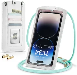 Small Crossbody Bag Cell Phone Purse for Women Men Leather Mini Shoulder Bag Wallet Case with Card Holder Slot Necklace Lanyard for All Smartphones iPhone Samsung Google Moto up to 7.3" White