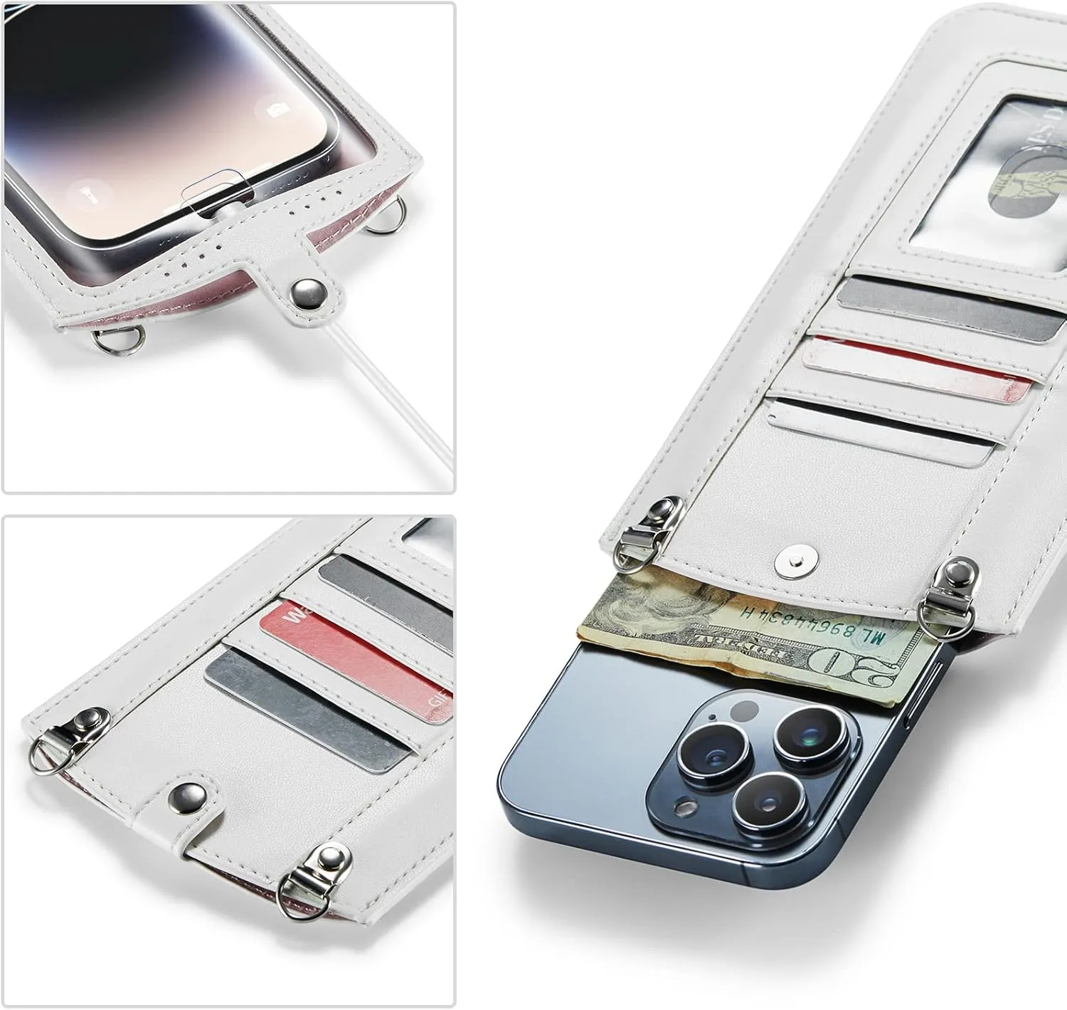 Small Crossbody Bag Cell Phone Purse for Women Men Leather Mini Shoulder Bag Wallet Case with Card Holder Slot Necklace Lanyard for All Smartphones iPhone Samsung Google Moto up to 7.3" White