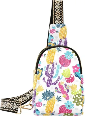 Small Sling Bag for Women Cute Cactus Leather Fanny Pack Crossbody Bag Colorful Leave Flower Chest Bag Trendy Fashion Waist Packs for Outdoor Travel Sports Hiking