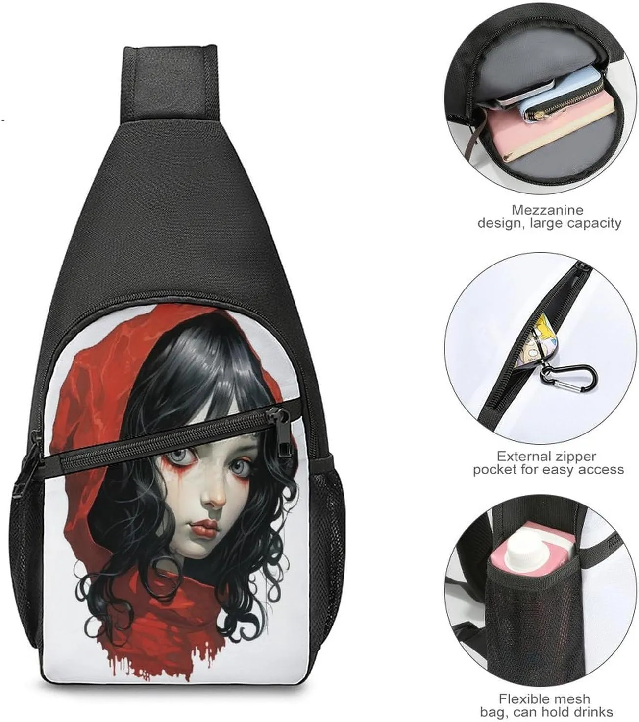 Small Sling Chest Bag Crossbody Bag for Men Women,Black Hair Woman Lightweight Gym Daypack for Travel Cycling Hiking
