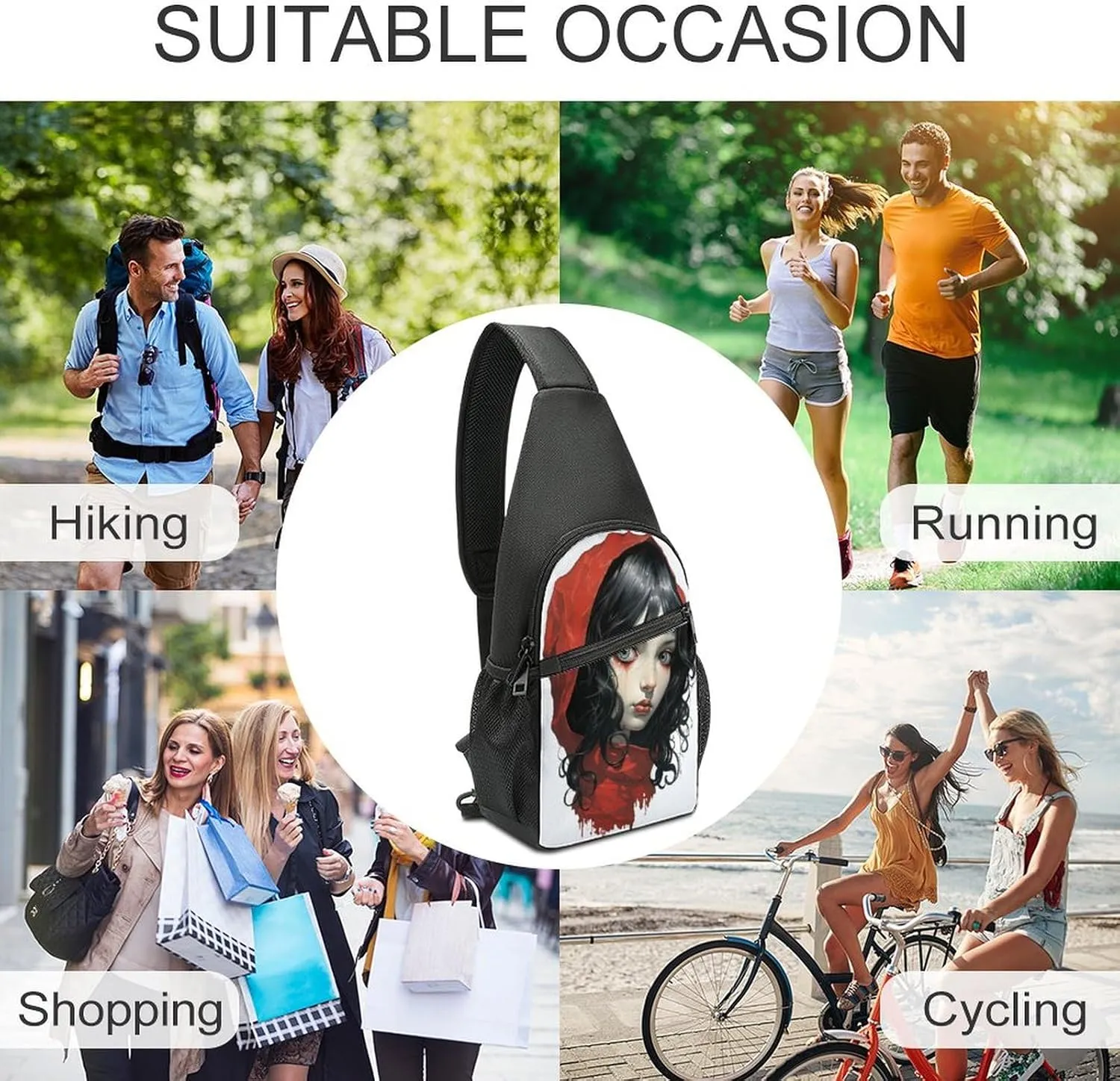 Small Sling Chest Bag Crossbody Bag for Men Women,Black Hair Woman Lightweight Gym Daypack for Travel Cycling Hiking