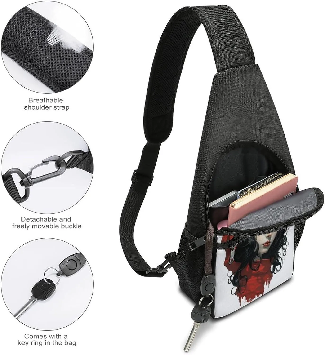 Small Sling Chest Bag Crossbody Bag for Men Women,Black Hair Woman Lightweight Gym Daypack for Travel Cycling Hiking