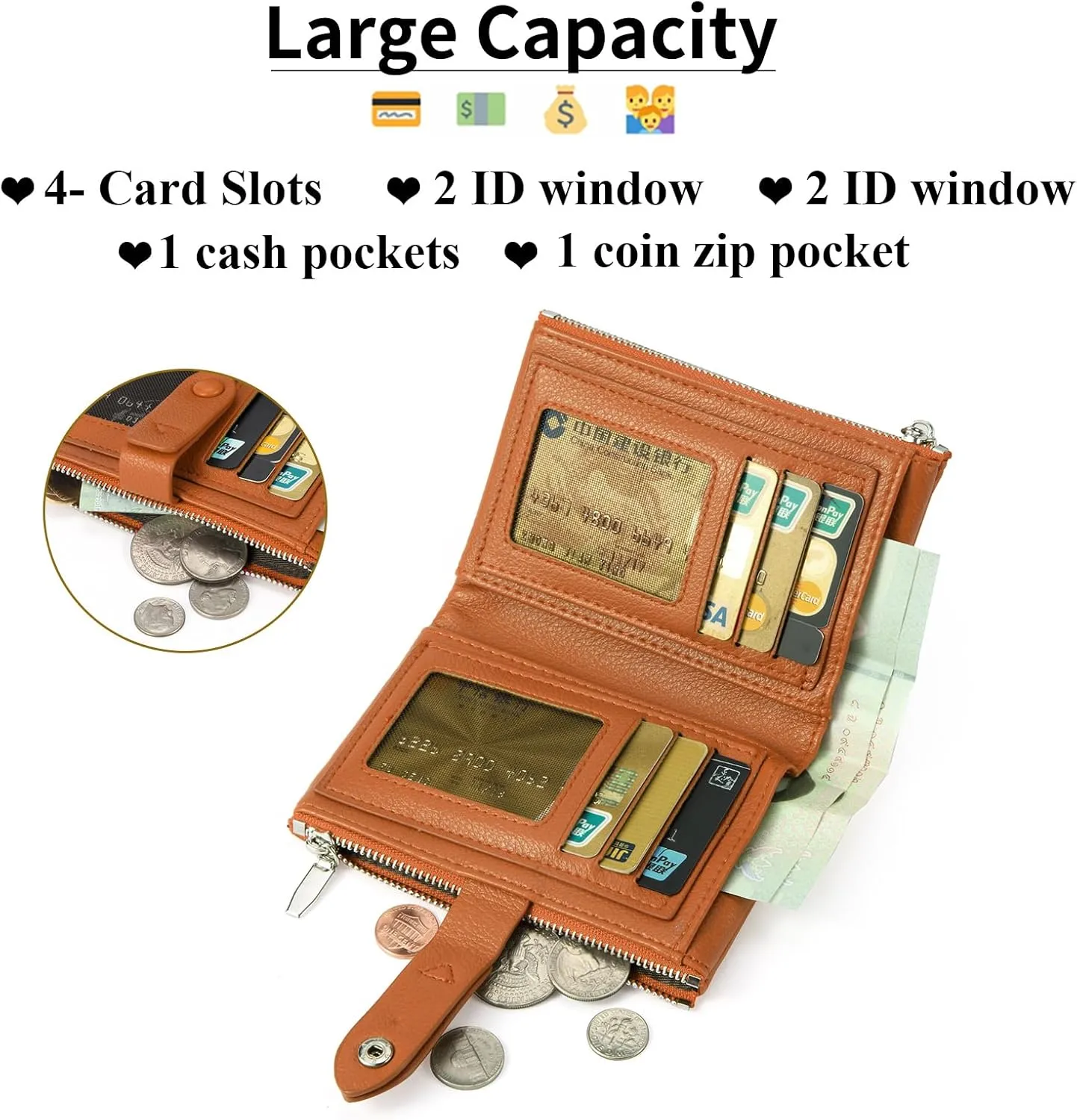 Small Wallet for Women Bifold RFID Blocking Card Holder Leather Wallets with Double Zipper Coin Pocket