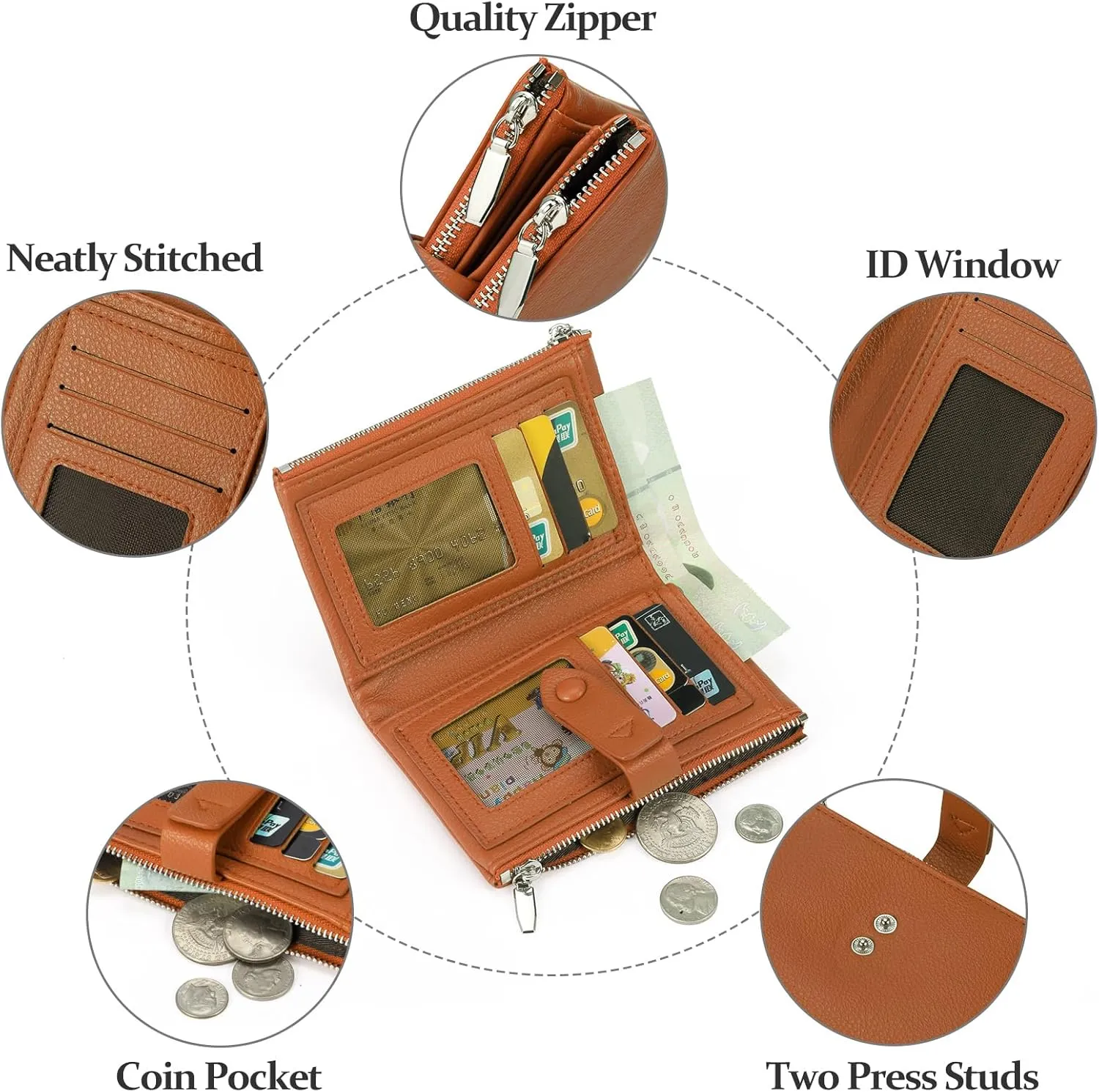 Small Wallet for Women Bifold RFID Blocking Card Holder Leather Wallets with Double Zipper Coin Pocket