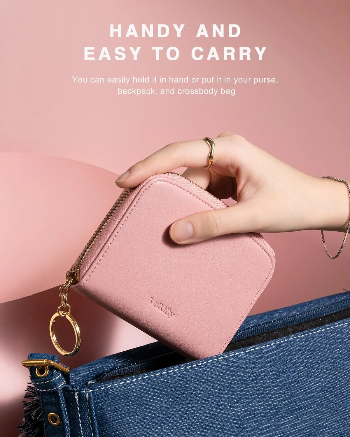 Small Wallet For Women RFID Blocking With Zipper Around Case Trifold Compact Leather Card Purse with Coin Pocket Rose