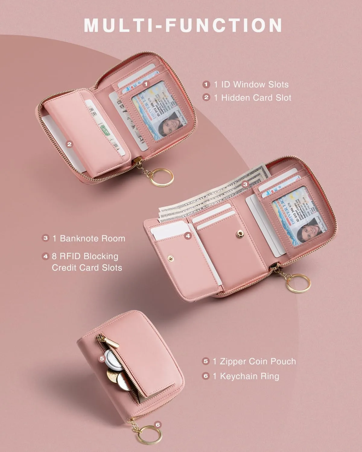 Small Wallet For Women RFID Blocking With Zipper Around Case Trifold Compact Leather Card Purse with Coin Pocket Rose