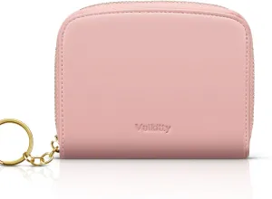Small Wallet For Women RFID Blocking With Zipper Around Case Trifold Compact Leather Card Purse with Coin Pocket Rose