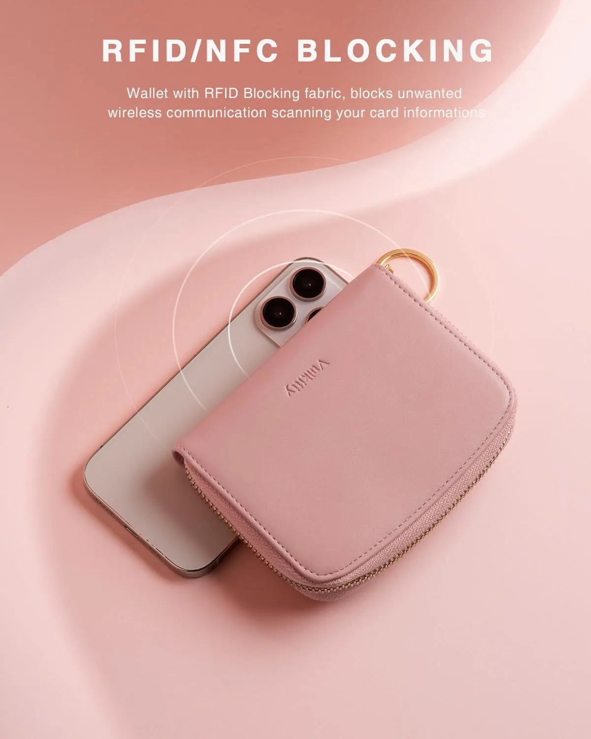 Small Wallet For Women RFID Blocking With Zipper Around Case Trifold Compact Leather Card Purse with Coin Pocket Rose
