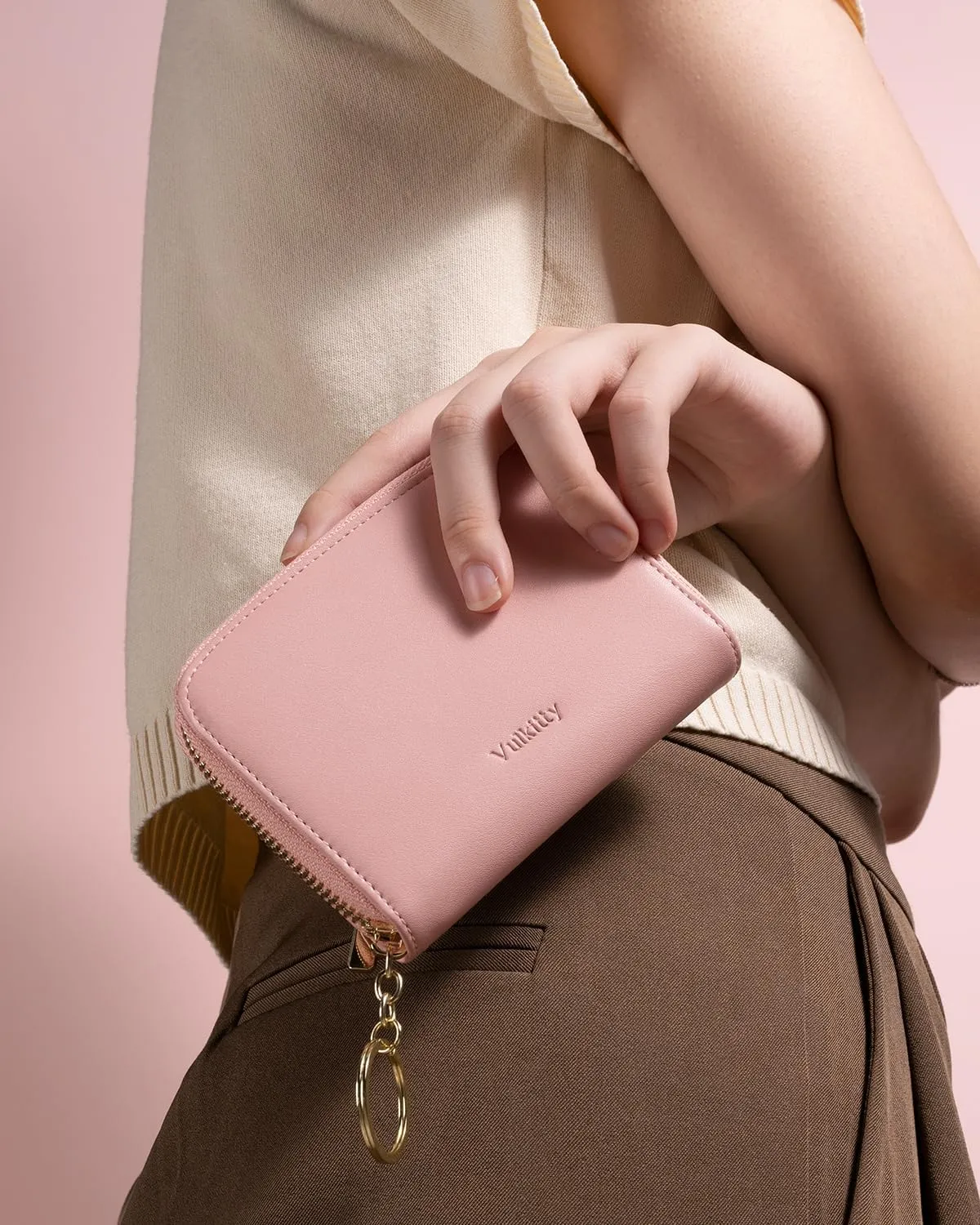 Small Wallet For Women RFID Blocking With Zipper Around Case Trifold Compact Leather Card Purse with Coin Pocket Rose
