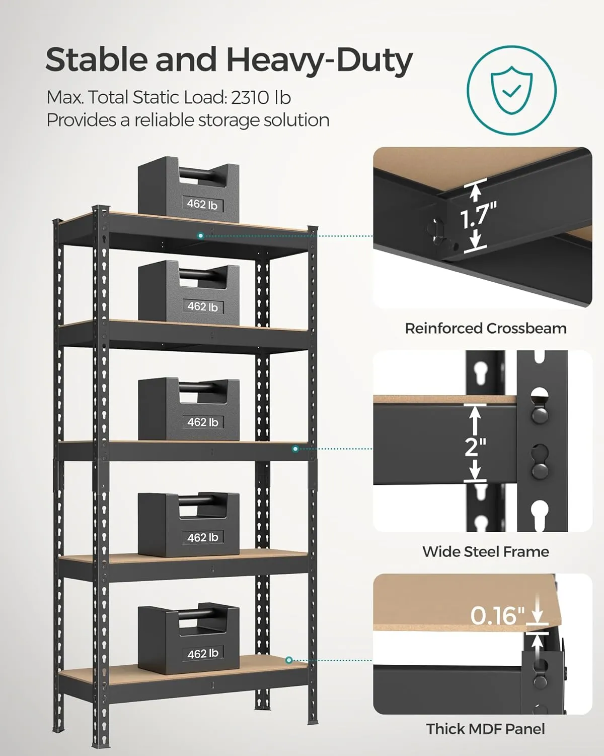 SONGMICS 5-Tier Storage Shelves, Load 2310 lb, Garage Storage, Boltless Assembly, Adjustable Shelving Unit, 11.8 x 29.5 x 59.1 Inches, for Study Shed Basement, Black and Natural Beige UGLR300B01