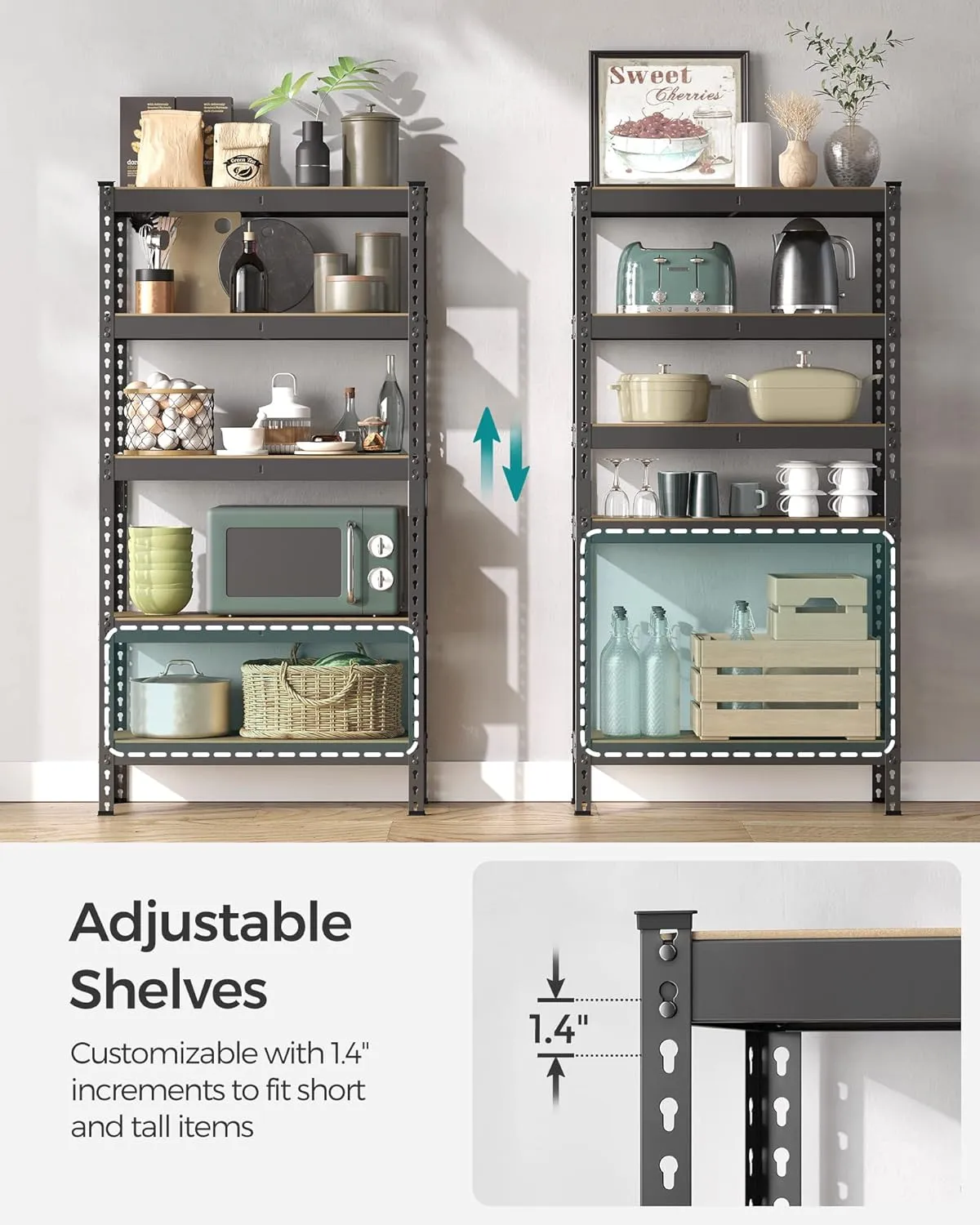 SONGMICS 5-Tier Storage Shelves, Load 2310 lb, Garage Storage, Boltless Assembly, Adjustable Shelving Unit, 11.8 x 29.5 x 59.1 Inches, for Study Shed Basement, Black and Natural Beige UGLR300B01