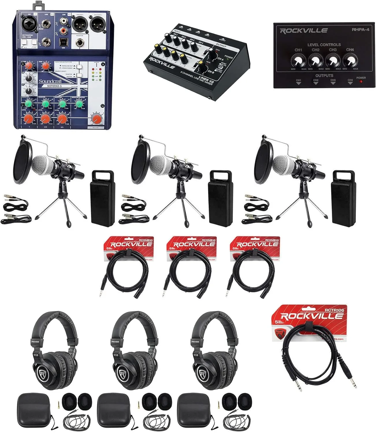 Soundcraft 3-Person Podcast Podcasting Recording Kit w/Mics Stands Headphones