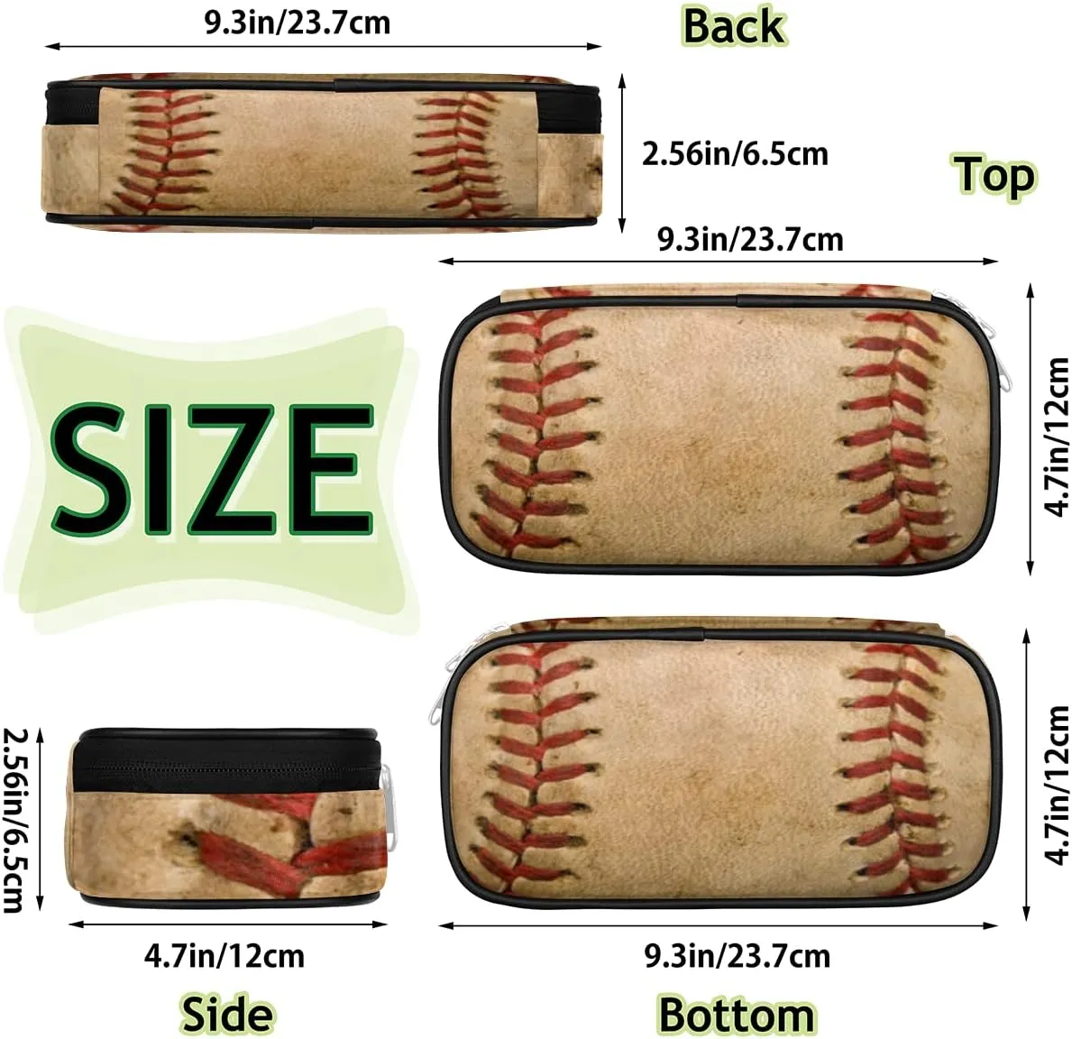 Sport Big Capacity Pencil Pen Case Old Baseball Large Pencil Pouch with Zipper Compartments Pencil Bag for Boys Girls Adults Student Office School Supplies
