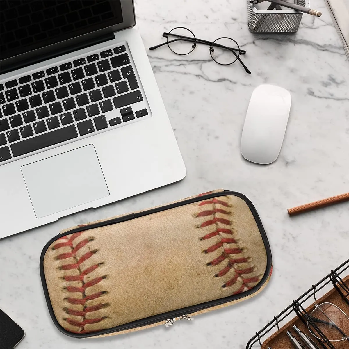 Sport Big Capacity Pencil Pen Case Old Baseball Large Pencil Pouch with Zipper Compartments Pencil Bag for Boys Girls Adults Student Office School Supplies